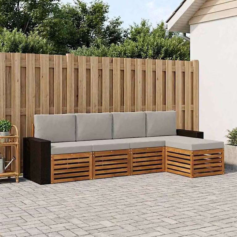 Set di divani da esterno vidaXL a forma di L composto da 5 pezzi in legno di acacia con cuscini in beige, grigio e marrone