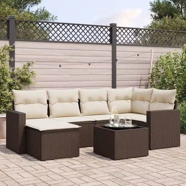 Set Divani da Giardino 7 pz con Cuscini Marrone in Polyrattan 3219263