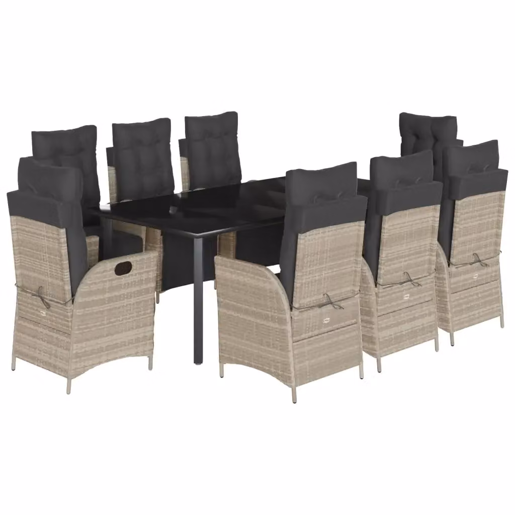 Set Pranzo da Giardino vidaXL in Polyrattan con Piano in Vetro e 9 Cuscini Grigio Chiaro – 2