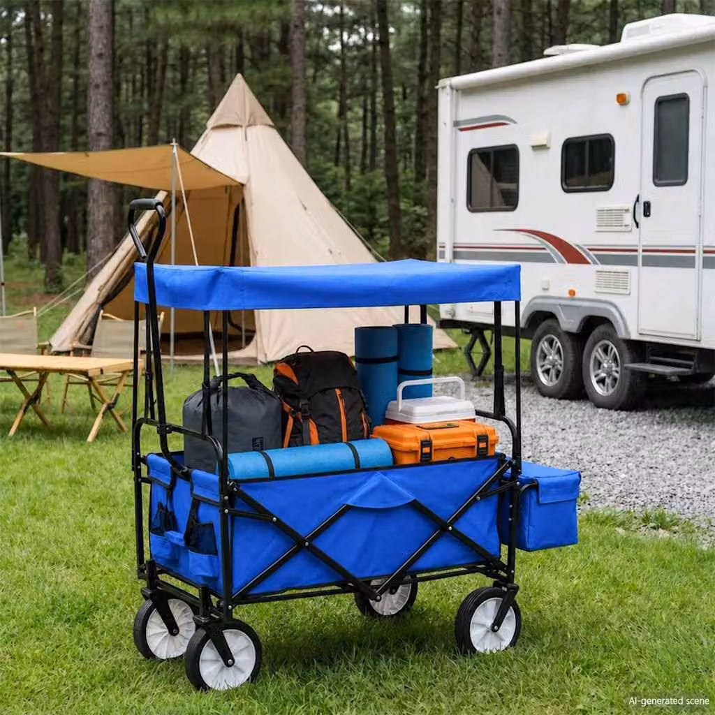 vidaXL Carrello Pieghevole a Mano con Tettuccio in Acciaio Blu L/P/H: 119 x 54 x 16 cm – 1