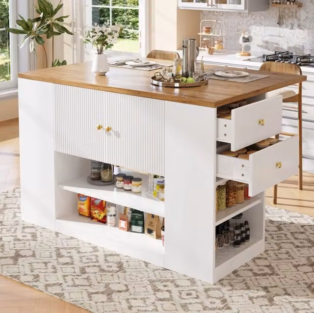 Isola da cucina 140x70x90 cm bianca – piano ribaltabile, spazio integrato