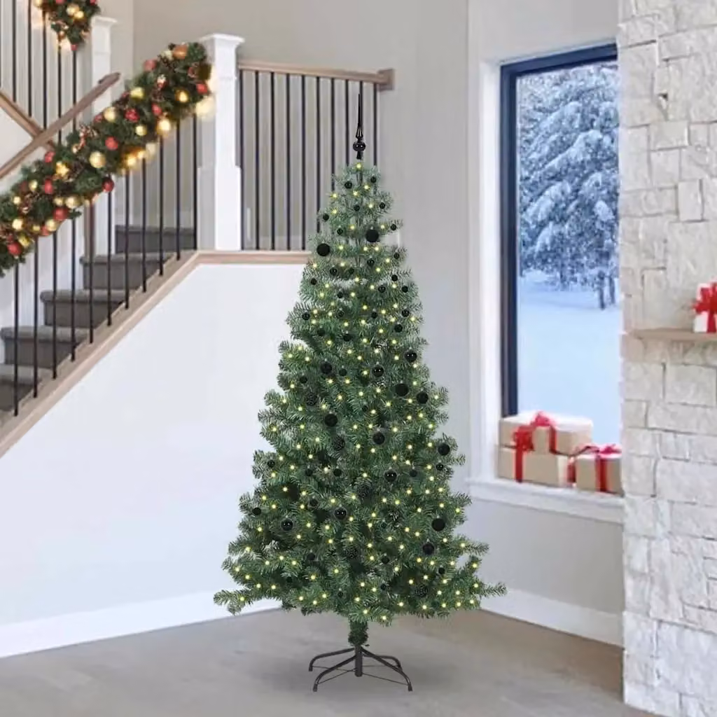 Albero di Natale moderno in PVC verde con 300 LED luce bianca calda e supporto, Altezza: 240 cm – 2