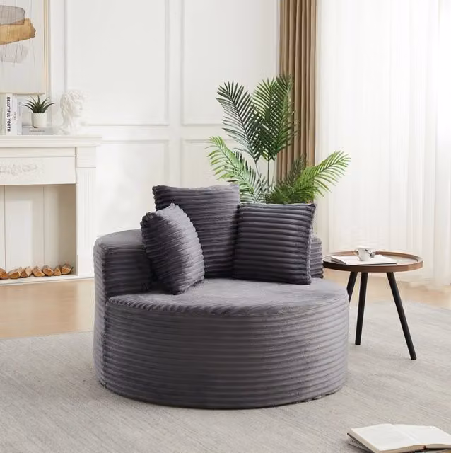 Poltrona lounge rotonda ULEVR ? 110 cm in velluto a coste grigio con 3 cuscini, imbottitura in schiuma e molle