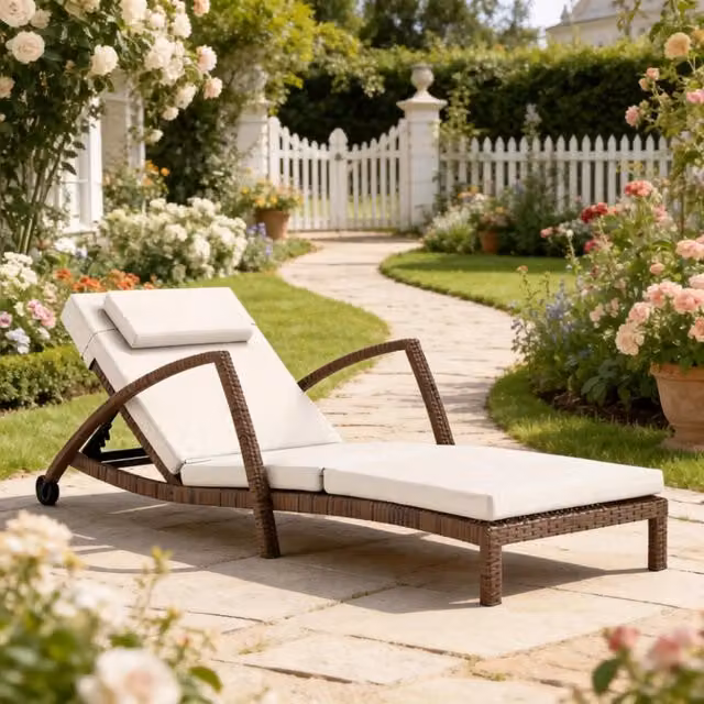 Sdraio da giardino WISHDOR in polyrattan beige e marrone con braccioli, poggiatesta regolabile e ruote