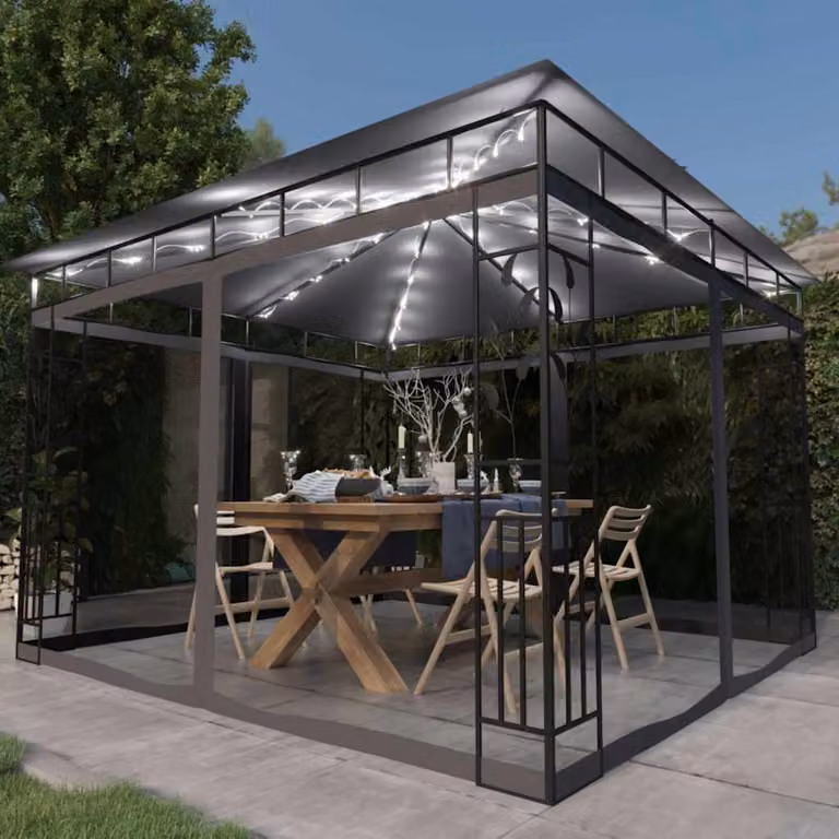 vidaXL Gazebo da giardino con zanzariera e luci LED, Antracite e Bianco, L: 300 cm, P: 300 cm, H: 273 cm