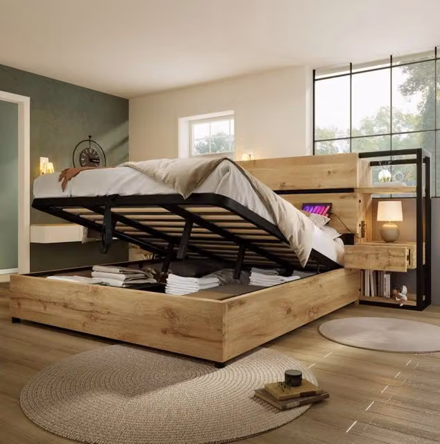 Letto matrimoniale 180x200 cm con contenitore, comodini e ricarica USB/Type-C