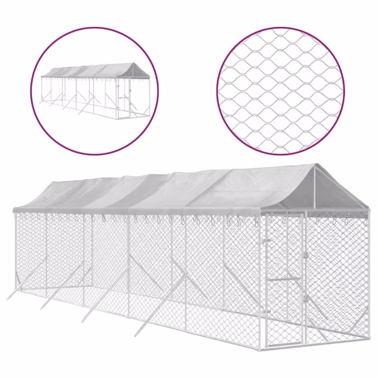 Cuccia Cani da Esterno Tetto Argento 2x10x2,5 m Acciaio Zincato