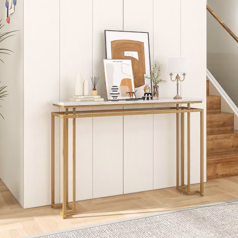 Tavolo consolle moderno Costway con piano effetto marmo bianco e struttura geometrica in metallo oro, ideale per ingresso o ufficio, Larghezza: 120 cm