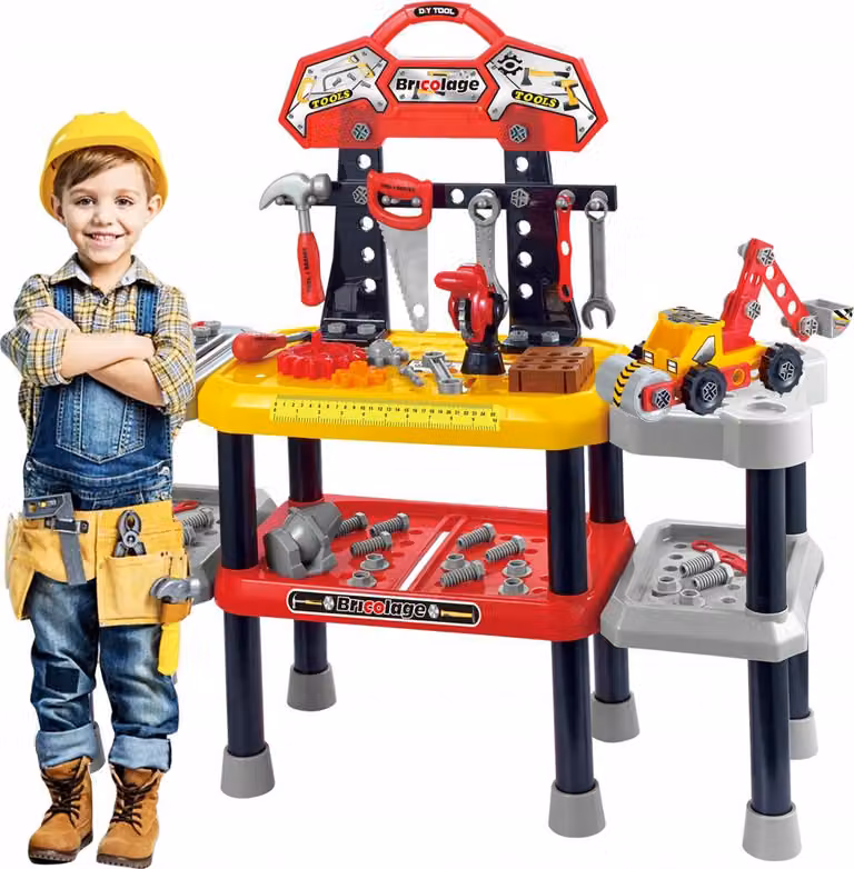 Officina per il fai-da-te + utensili, set da 121 pezzi, piano di lavoro