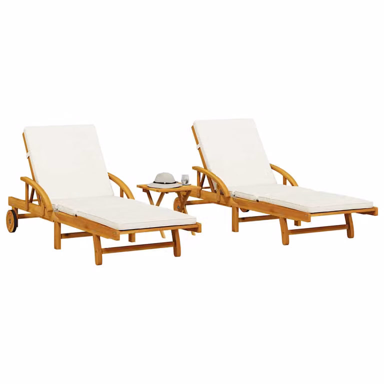Set di 2 lettini prendisole con tavolino vidaXL in legno di acacia oliato marrone con poggiatesta regolabile e ruote