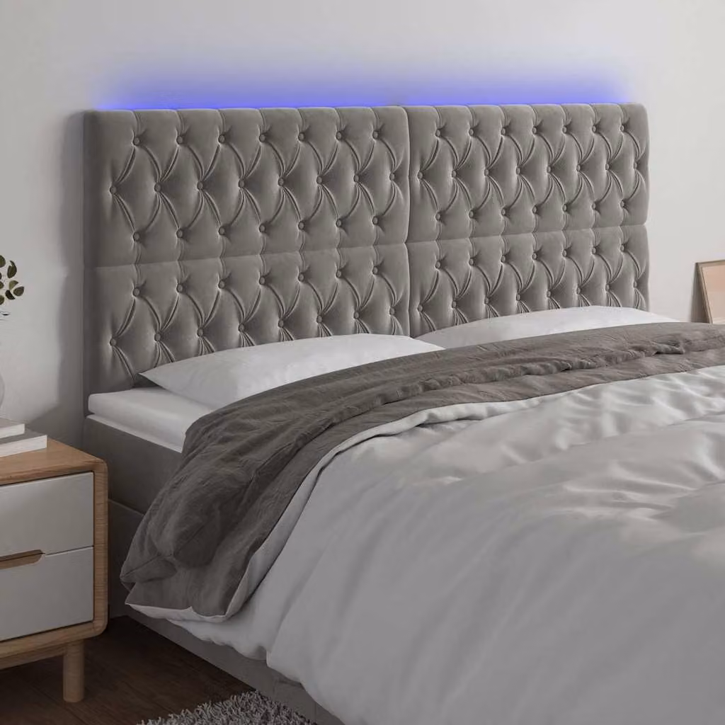 Testiera con LED e porta di ricarica USB vidaXL in velluto grigio, L/P/H: 200 x 7 x 118/128 cm – 1