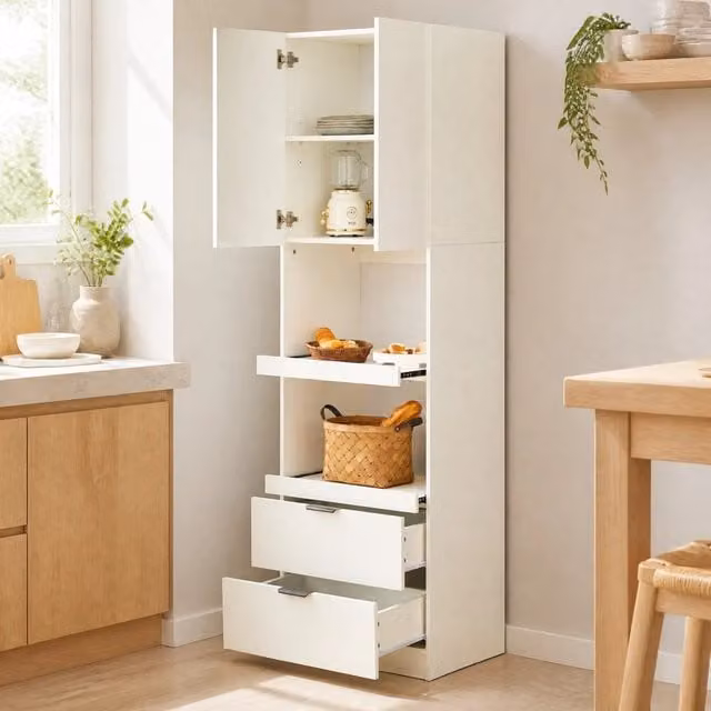 Mobile dispensa alto in MDF bianco con anta; 2 cassetti e 2 ripiani aperti; 59;5 x 45 x 200 cm