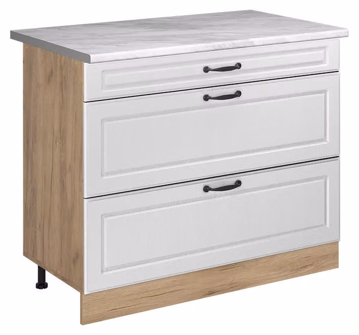 Mobiletto base per cucina Vicco R-Line Bianco country/Rovere dorato 100 cm piano di lavoro Marmo, Model 71634