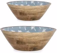Set di 2 insalatiera in legno KERAN con decoro palme, colori naturale e azzurro, L: 30 cm, P: 14 cm e L: 25 cm, P: 10 cm