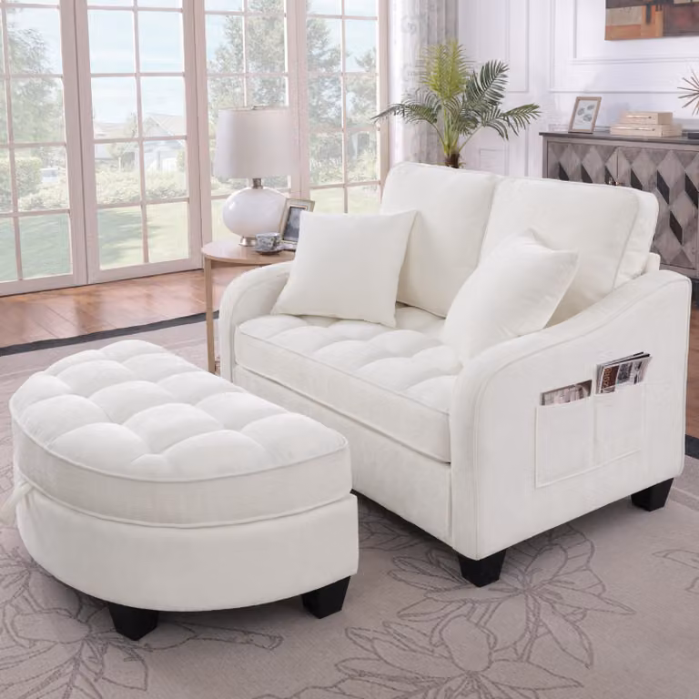 okwish 2-in-1 Divano letto Divano modulare Divano lounge con piedini in plastica antiscivolo, Chaise longue Poltrona relax con poggiapiedi contenitore, Beige