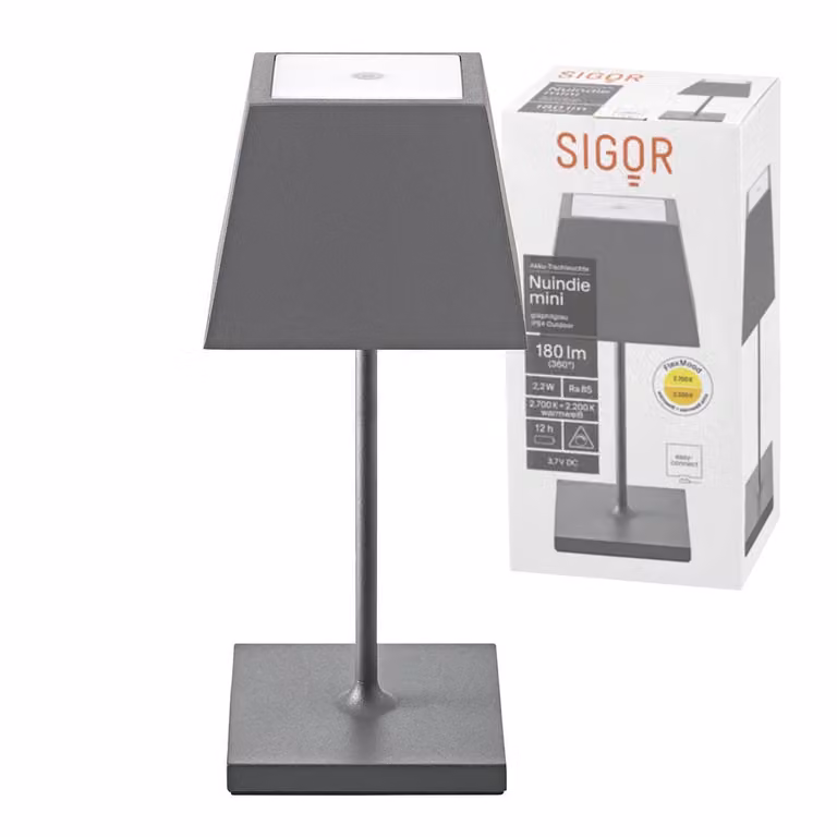 Sigor Nuindie Mini lampada da tavolo ricaricabile IP54 alluminio Easy Connect grigio grafite angolare