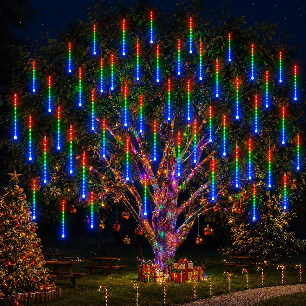 Catena luminosa a LED effetto "pioggia di meteoriti", impermeabile, per uso esterno, ideale per decorazioni natalizie, matrimoni, feste, giardini e alberi. Lunghezza 50 cm, 8 tubi, multicolore