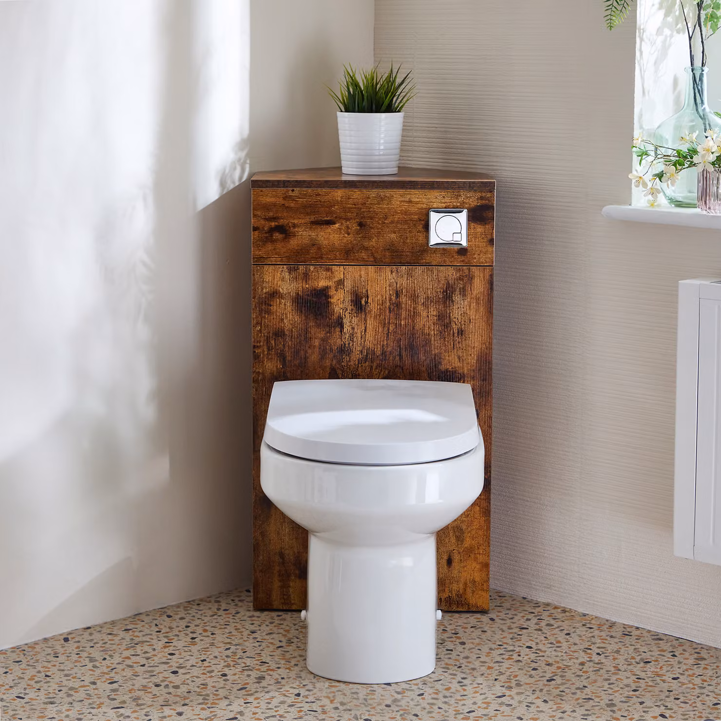 Unità WC Angolare in Rovere Scuro con Sanitario a Filo Muro Covelly e Pulsante di Scarico Cromato - Cluo