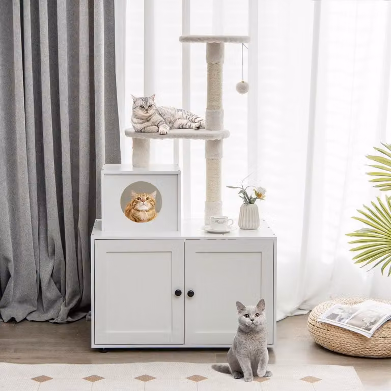 Armadietto per gatti con tiragraffi e alloggiamento per tiragraffi in sisal per toilette per gatti mobili per gatti bianco