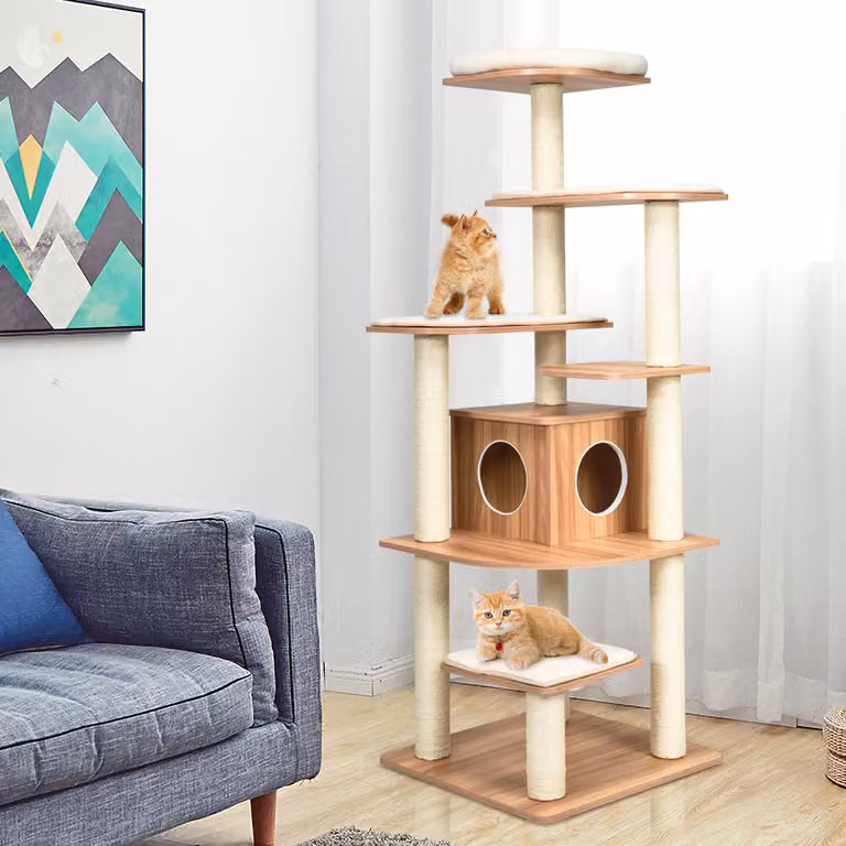 Albero per gatti Costway con piattaforme multilivello, tiragraffi in sisal sostituibile e colonne, colore naturale, Altezza: 179 cm