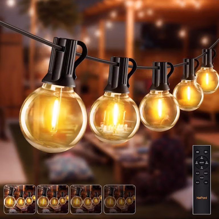 Catena luminosa da 10 metri - 15 LED G40 - Con spina - Grado di protezione IP45 (resistente all'acqua) - Telecomando - Ideale per Natale