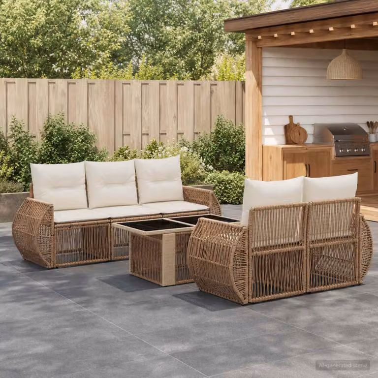 Set Divano da Giardino vidaXL 6 Pezzi a Forma di L con Tavolino, Polyrattan e Cuscini Imbottiti, Colore Beige e Bianco