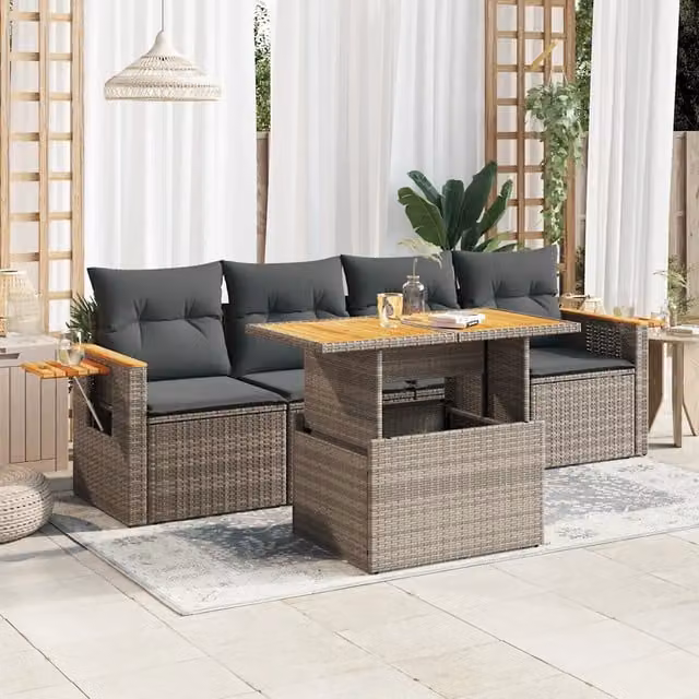 Set Divano Giardino 5 pz con Cuscini Grigio Polyrattan Acacia 3327546