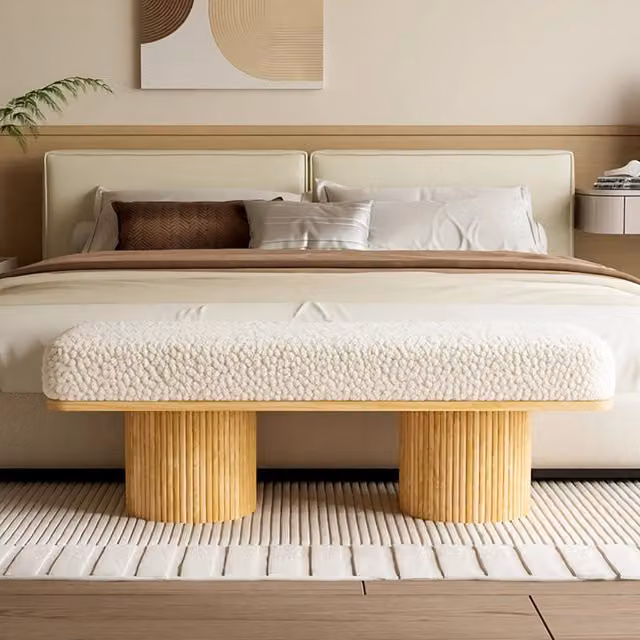 Panca imbottita 122 cm en teddy fleece con base in legno massiccio, seduta morbida per ingresso e camera, naturale