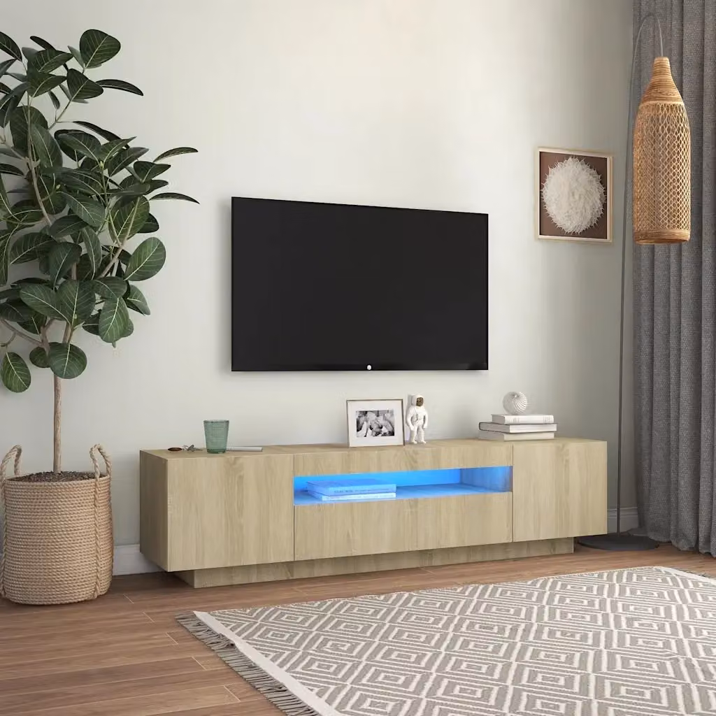 Mobile TV moderno con luci LED integrate in finitura Rovere Sonoma e dettagli beige, L 160 x P 35 x H 40 cm – 2