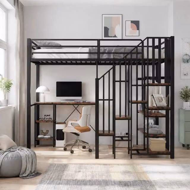 Letto a soppalco 120x200 cm in metallo nero con scrivania; libreria e armadio aperto