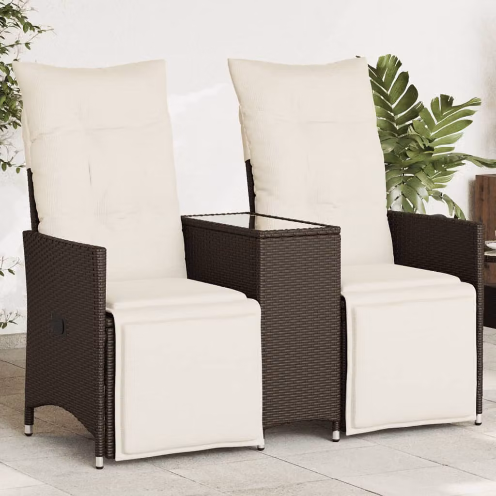 Set da giardino vidaXL moderno in polyrattan marrone e bianco con divano reclinabile a 2 posti, tavolino in vetro e cuscini inclusi