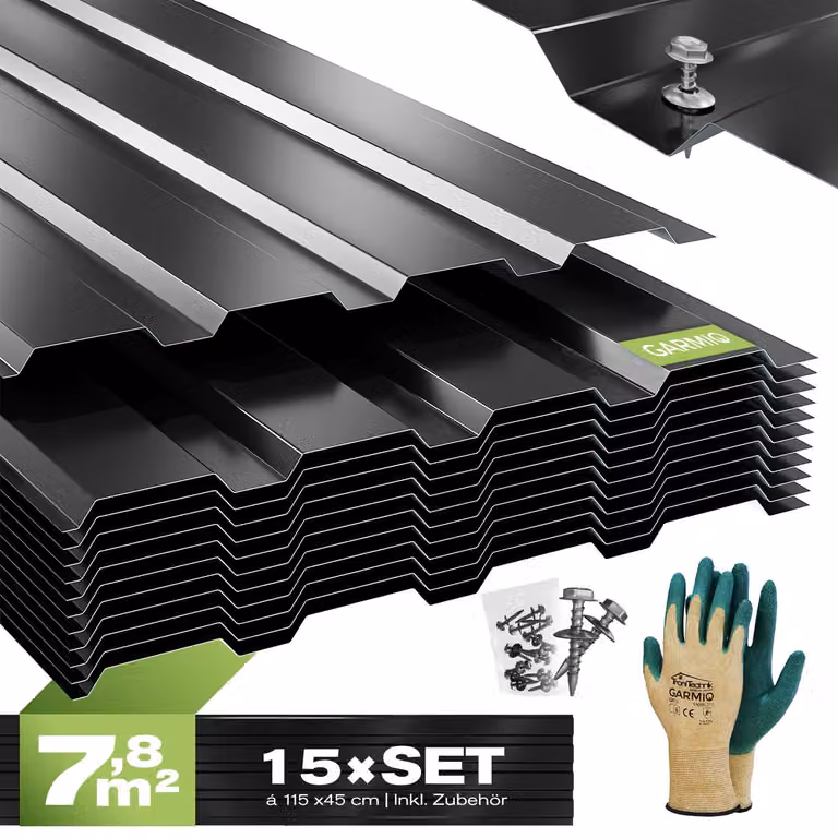 GARMIO® Lamiera profilata Lamiera trapezoidale Amalfi 115 Set da 15 pezzi Lamiera per tetto 115x45 cm, acciaio zincato nero