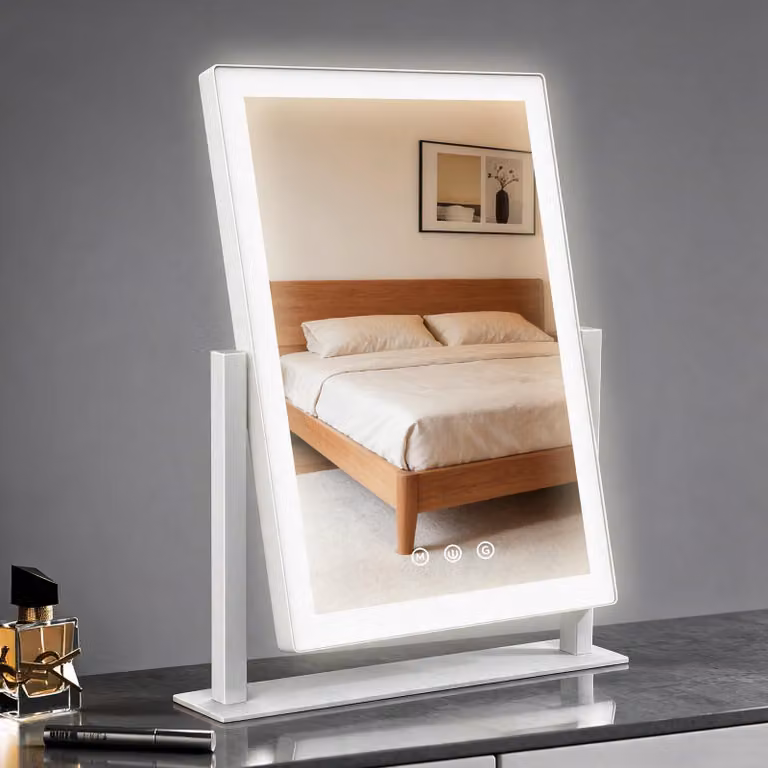 Specchio da trucco a LED, dimensioni 27,5x37,5 cm, rotazione a 360°, dimmerabile, colore bianco