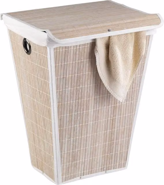 Cesto Portabiancheria Conico Wenko in Bambù Bianco e Beige con Coperchio e Sacco Rimovibile