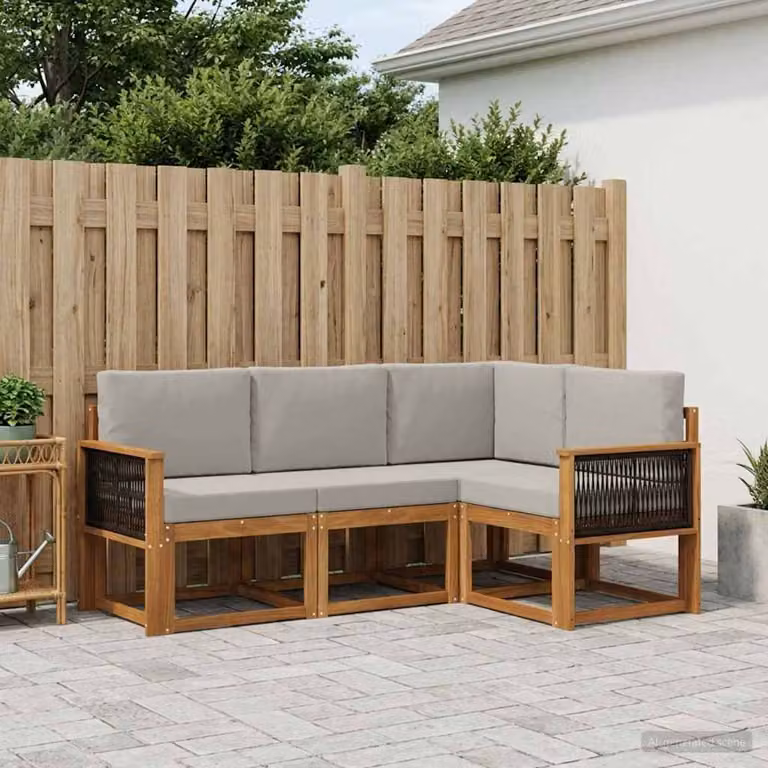Set di divani da esterno vidaXL a forma di L in legno di acacia con cuscini, beige e grigio