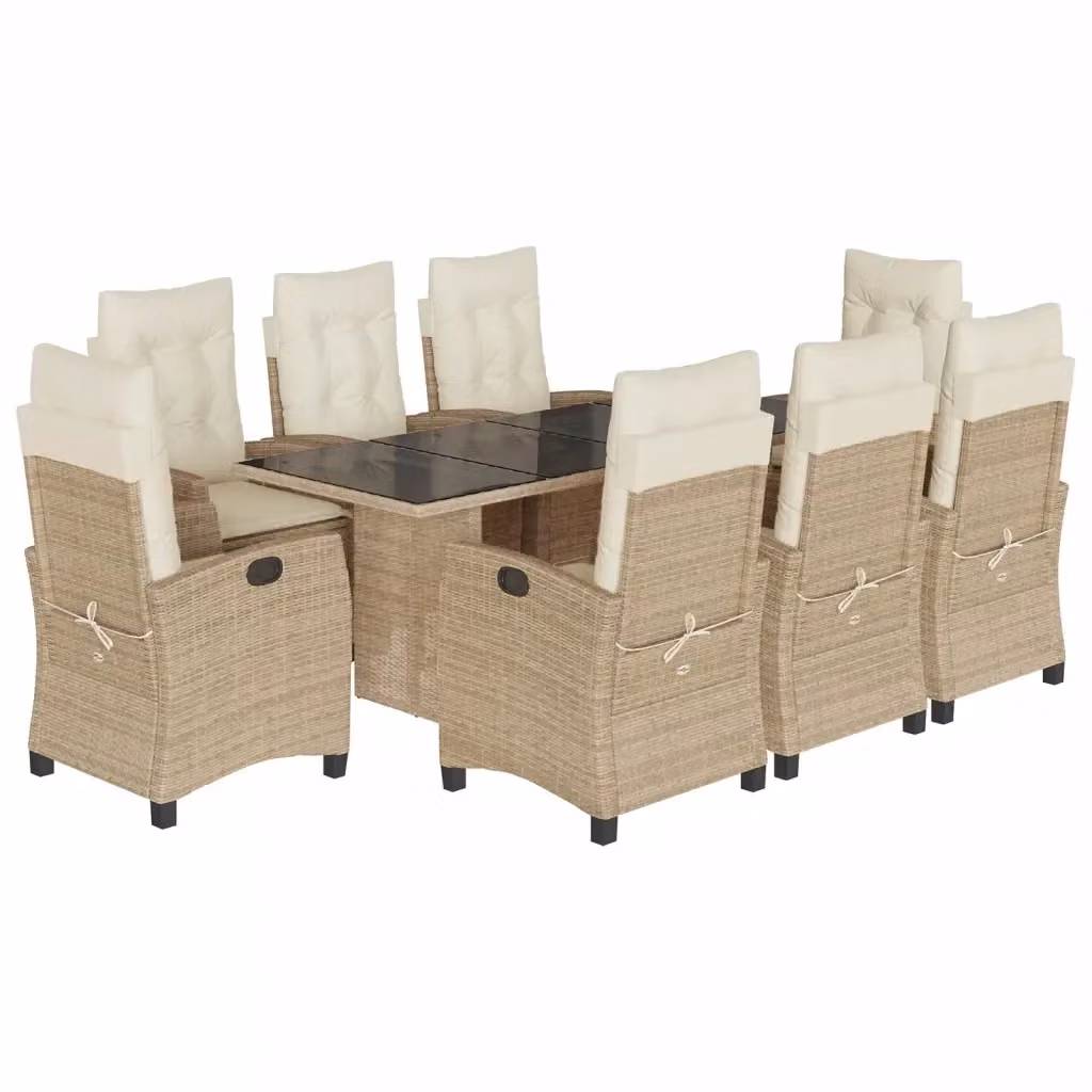 Set da pranzo da giardino vidaXL in polyrattan con cuscini beige e piano in vetro, 9 pezzi – 2