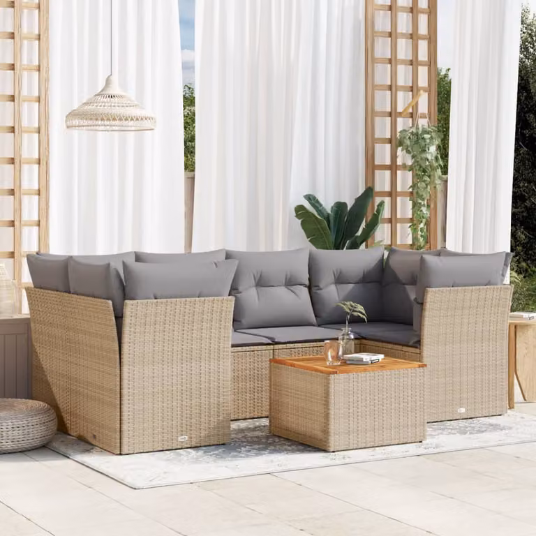 vidaXL Set Divano da Giardino 7 pz a Forma a L in Polyrattan con Cuscini Beige e Grigio