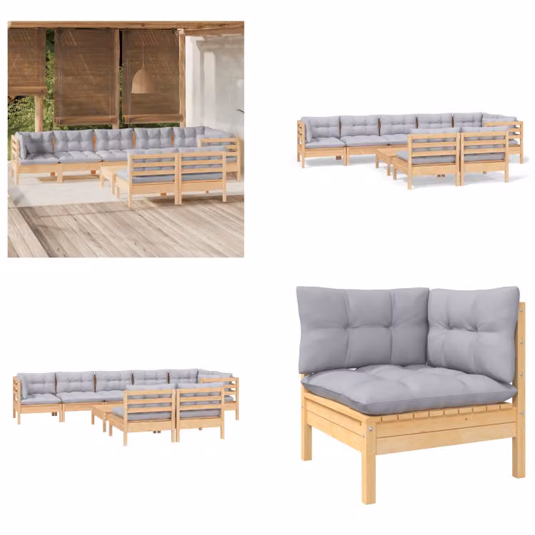 vidaXL Set salotto da giardino 9 pezzi con cuscini grigi in pino massiccio - Set salotto da giardino - Set salotto da giardino - Set mobili da giardino - Set mobili da giardino