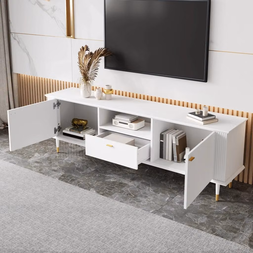 Mobile TV moderno FOLYNA in MDF bianco con 2 ante, cassetto e vano aperto, dotato di passacavi e chiusura ammortizzata, L/P/H: 170 x 36 x 54 cm – 2