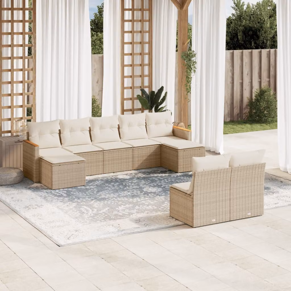 vidaXL Set Divano da Giardino a L 9 pz in Polyrattan con Cuscini Beige e Struttura in Acciaio – 1