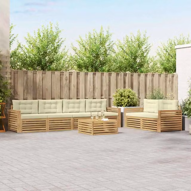 Set di divani da esterno vidaXL in legno di acacia con tavolo da caffè, 7 pezzi, Bianco e Beige – 1