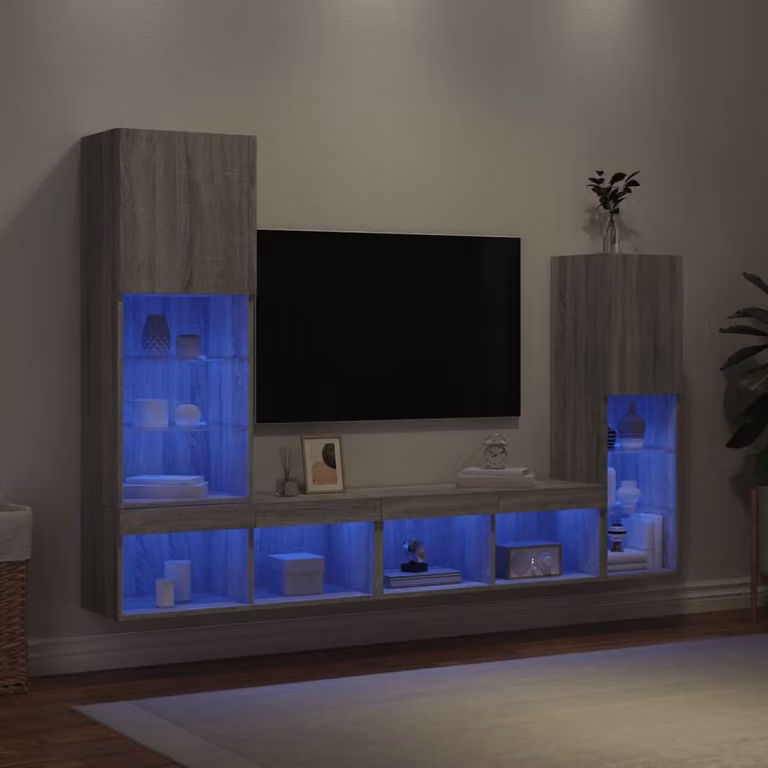 Mobile TV a muro vidaXL con illuminazione LED integrata in legno multistrato e MDF, colore Grigio Sonoma, stile moderno per soggiorno o ufficio