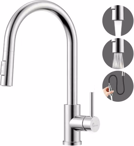 Kraan per cucina con bocchetta doccia estensibile con 2 tipi di getto, alta pressione, 360° girevole, miscelatore per cucina a un solo movimento in acciaio inossidabile, finitura sbalzata argento.