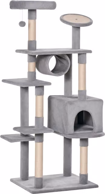 Tiragraffi per gatti a più livelli Aosom con pali in sisal e rivestimento in peluche, Altezza: 165 cm, Grigio Chiaro – 1