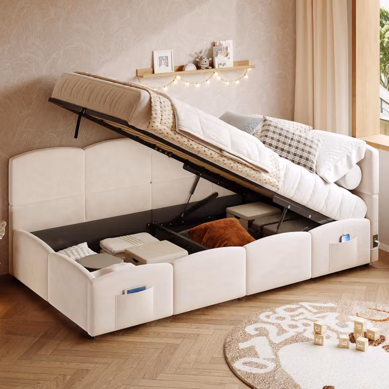 okwish Letto imbottito 90x200 Lettino senza materasso con materasso e caricatore USB, Letto contenitore Lettino in velluto con tasca contenitore, Beige