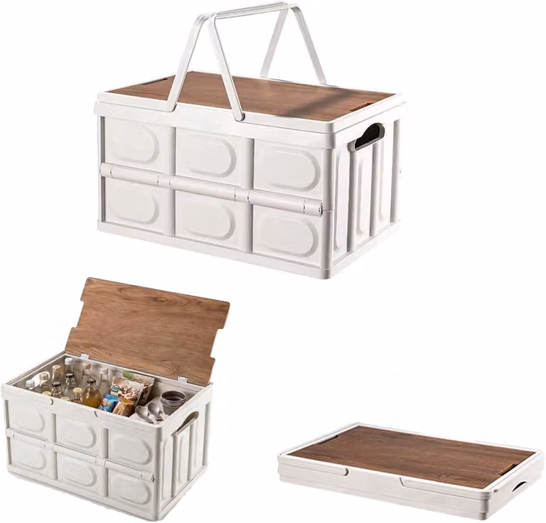 Contenitore pieghevole con coperchio in legno e maniglia, capacità 30 litri, dimensioni 42 x 28,5 x 23,5 cm, ideale per il campeggio