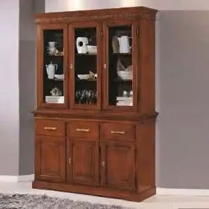 Credenza KIVIO in legno e vetro con ante in vetro, stile rustico, colore noce, L: 150 cm, H: 214 cm, P: 47 cm