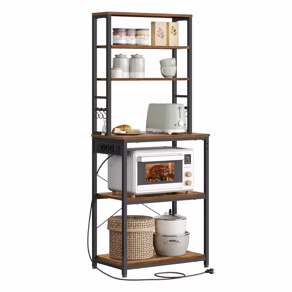 Scaffale da Cucina con Ciabatta Ganci per Forno a Microonde, Marrone Vintage + Nero Inchiostro / 60L cm