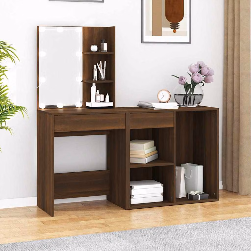 vidaXL Toeletta Hollywood con LED e Armadietto in Legno Rovere Marrone L: 140 cm, P: 40 cm, H: 60 cm – 1