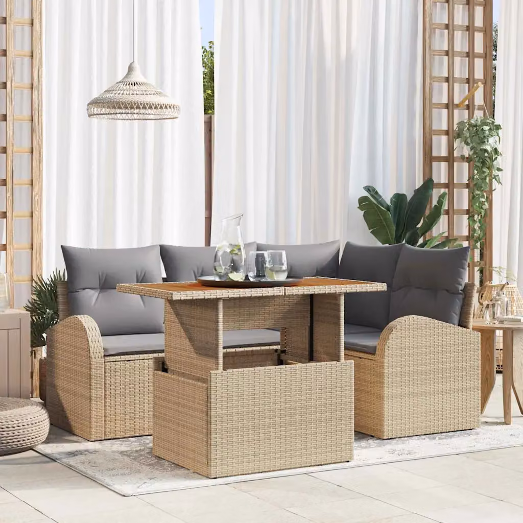 Set Divano da Giardino vidaXL 5 pz in Rattan e Legno di Acacia, Colore Beige e Grigio